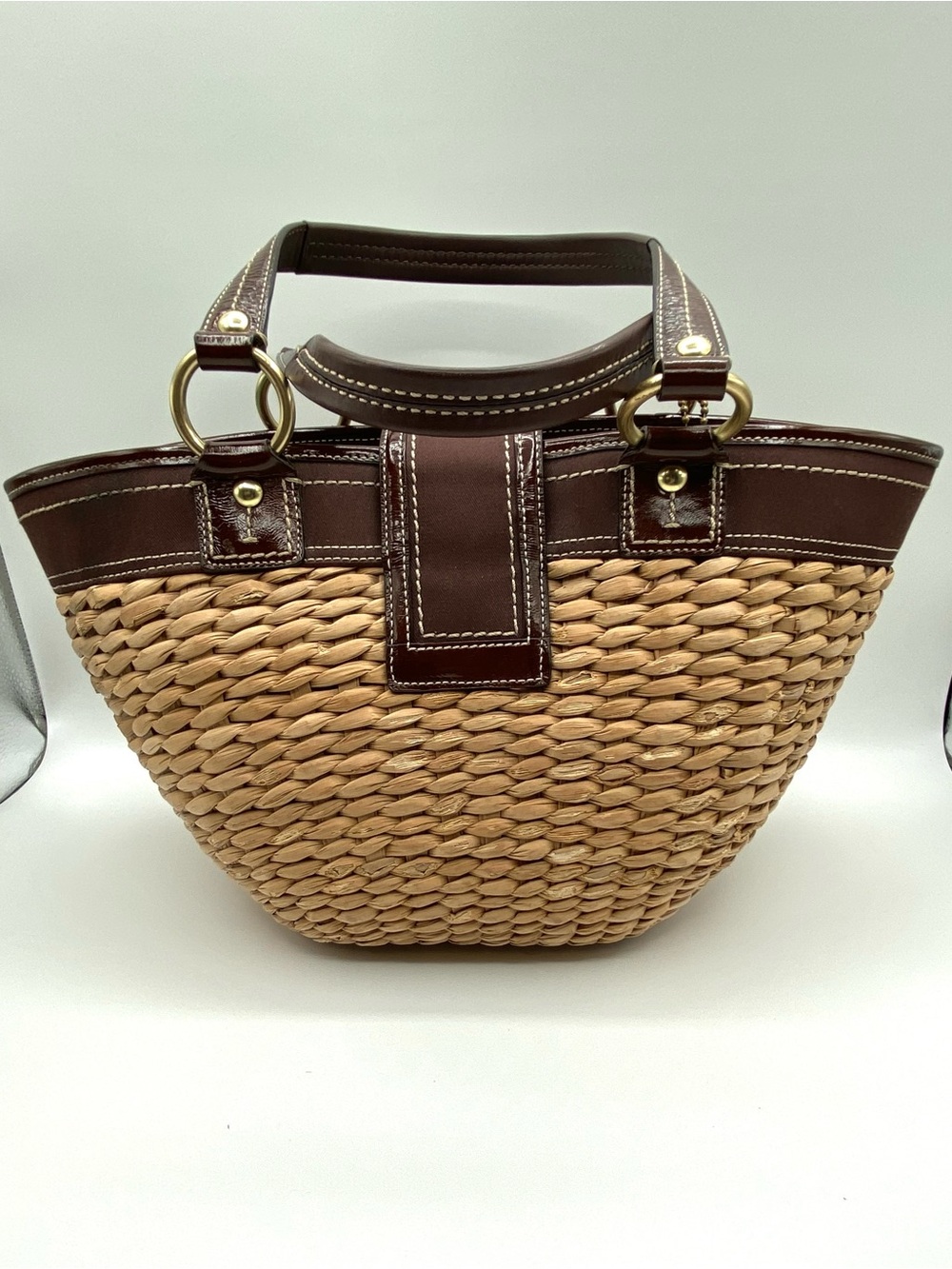 Coach Tan Woven Straw Tote with Dark Brown Leather Trim - Picture 2 of 16